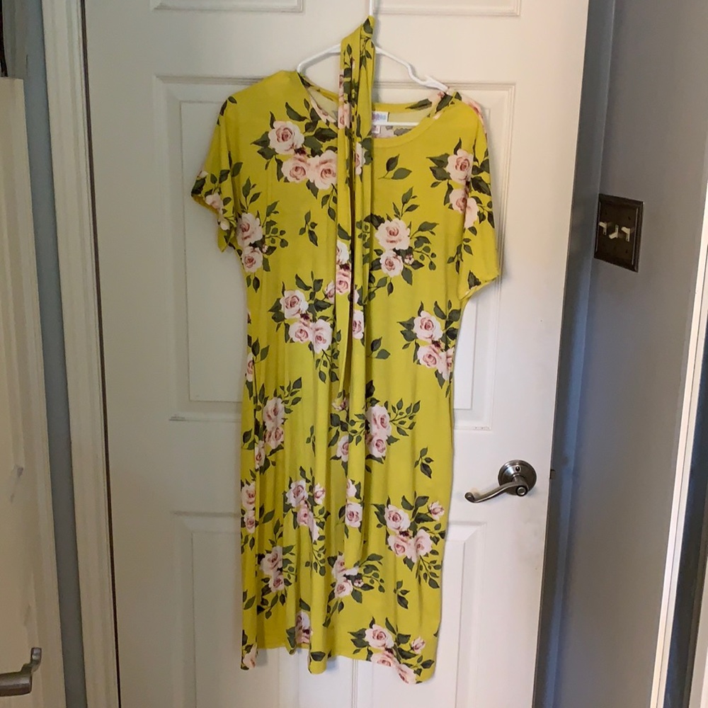 Lularoe Marley- belted knee dress. Yellow floral